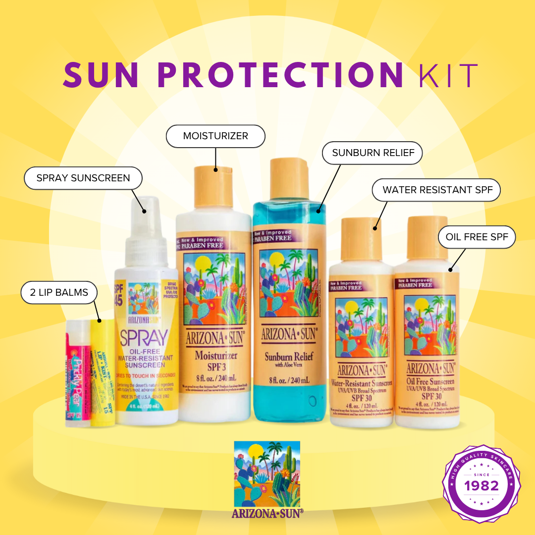 Sun Protection Kit (Includes 8 oz Moisturizer, 8 oz Sunburn Relief, 4 oz Oil Free SPF 30, 4 oz Water Resistant SPF 30, 4 oz SPF 45 Spray Sunscreen, Lipkist Lip Balm, & Prickly Pear Lip Balm)