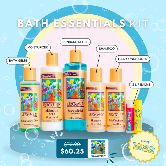 Bath Essentials Kit (Includes 8 oz Moisturizer, 8 oz Sunburn Relief, 4 oz Shampoo, 4 oz Hair Conditioner, 4 oz Bath Gelee, Lipkist Lip Balm, Prickly Pear Lip Balm)
